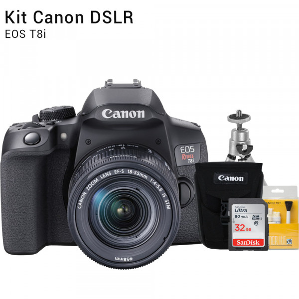 Canon T8i com Lente 18-55mm | Brindes: Bolsa, Cartão 32GB, Mini Tripé e Kit Limpeza