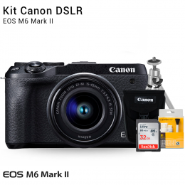 Canon M6 Mark II com Lente EF-M 15-45mm | Brindes: Bolsa, Cartão 32GB, Mini Tripé e Kit Limpeza 